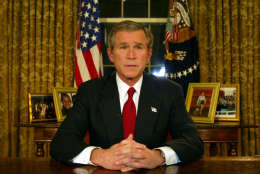 President Bush is seen in the Oval Office, Wednesday night, March 19, 2003, following his address to the nation. Bush spoke after the U.S. military struck with cruise missiles and precision-guided bombs against a site near Baghdad.  (AP Photo/Rick Bowmer)