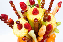 A fruit bouquet shot with shallow DOF on a white background