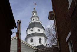 This April 8, 2014 photo shows the Maryland State House dome standing above buildings in Annapolis.  (AP Photo/Patrick Semansky)