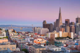 Panoramic image of San Francisco skyline at sunset.