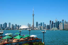 View of Toronto from the island with his building and the lake ontario