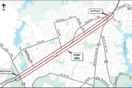 


More than 200 businesses and residences in the path of the planned widening of Route 1 in Fairfax County, which includes a bus-only rapid transit line.  (Courtesy VDOT)
