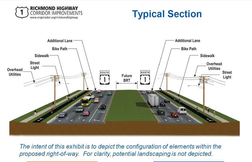 A rendering of the proposed Route 1 widening in Fairfax County. The work would leave enough space between the new northbound and southbound lanes for bus-only lanes.(Courtesy Virginia DOT)