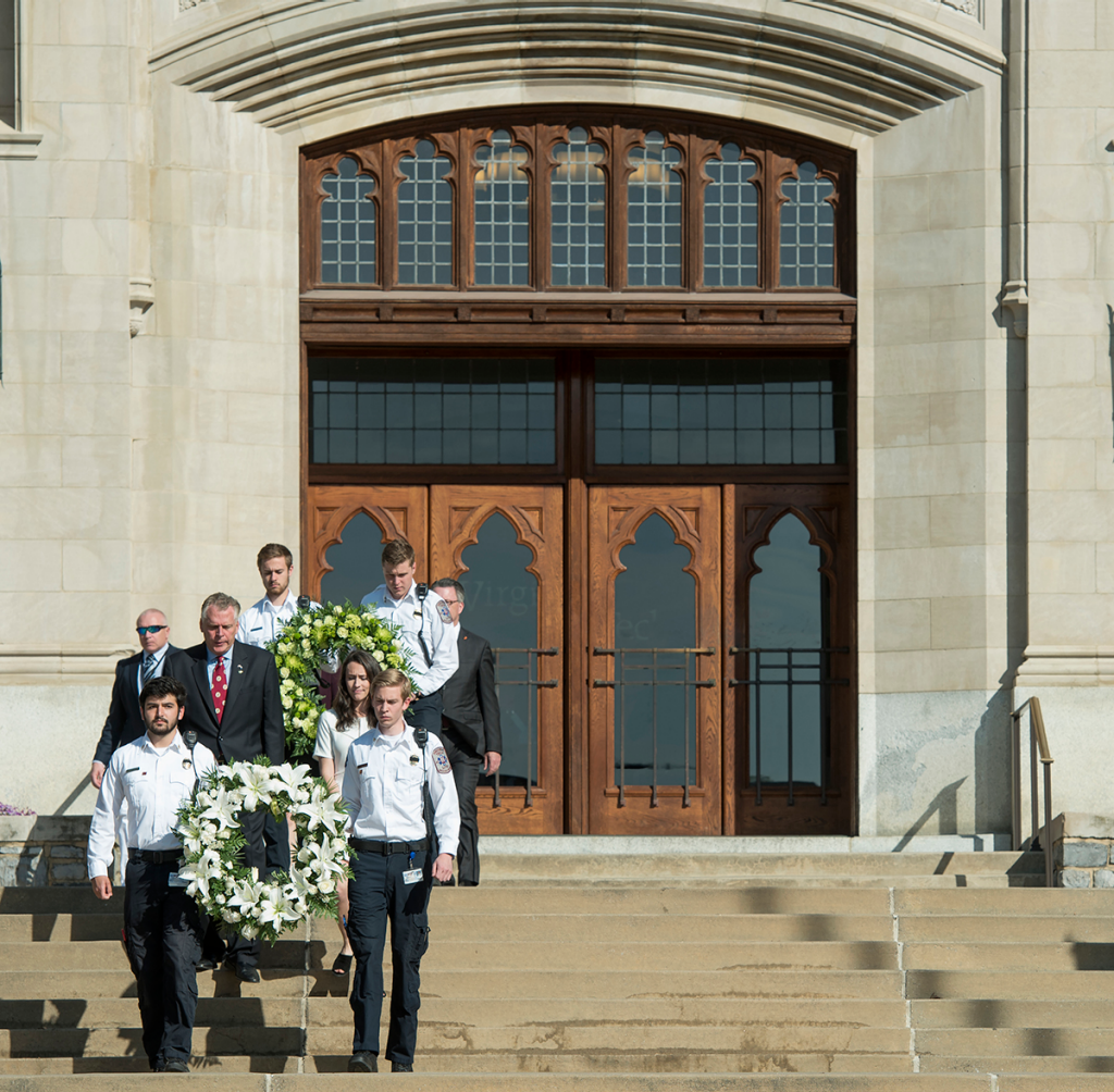 Virginia Gov. Terry McAuliffe and others participate in the wreath-laying ceremony on Sunday, April 16, 2017. (Courtesy Virginia Tech)