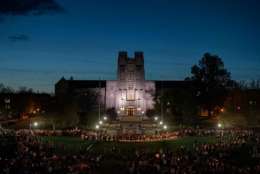 Thousands gathered on the Drillfield to attend the candlelight vigil Sunday evening on Sunday, April 16, 2017. (Courtesy Virginia Tech)