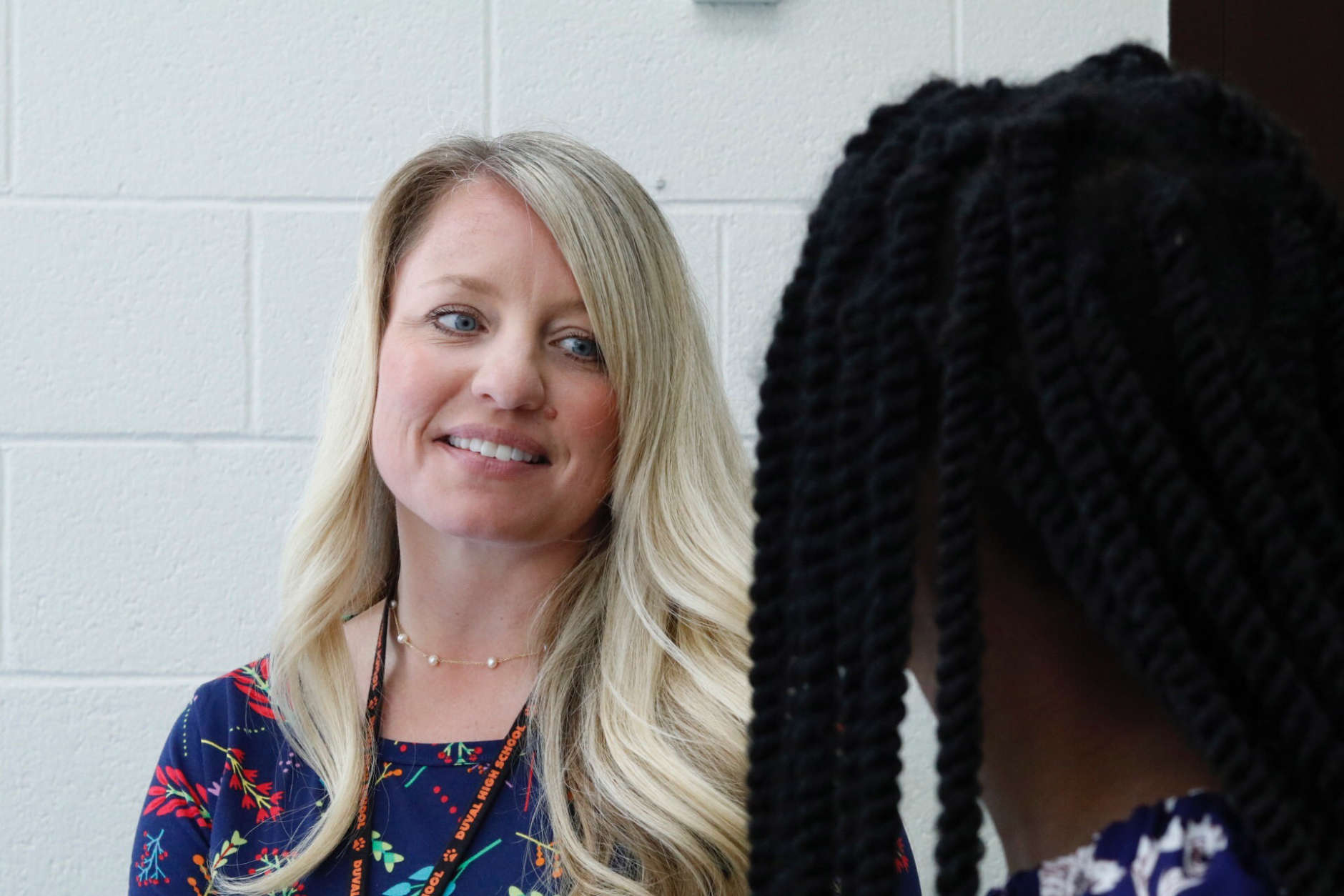 DuVal High School counselor Stacy Kline calls Akinlemibola "one of the top students I've ever had the privilege of working with.” (WTOP/Kate Ryan)