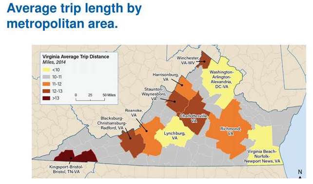 This map shows that the average daily trip lengths in Northern Virginia measure under 10 miles. (Courtesy of the Office of Virginia Secretary of Transportation)