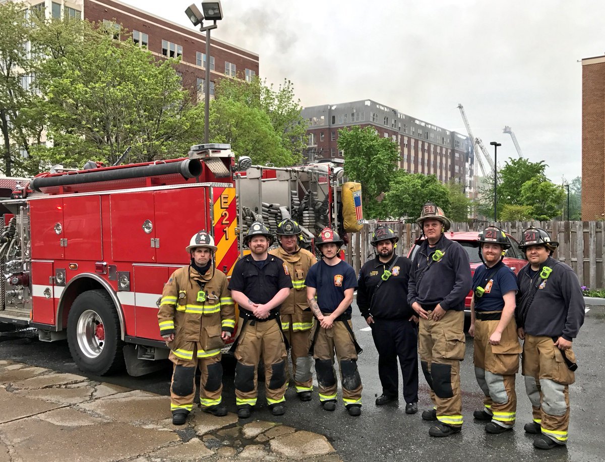Crews of D.C. Fire and EMS engines 21 and 23 after operating over four hours at the five-arm fire in College Park, Maryland. (Courtesy D.C. Fire & EMS)