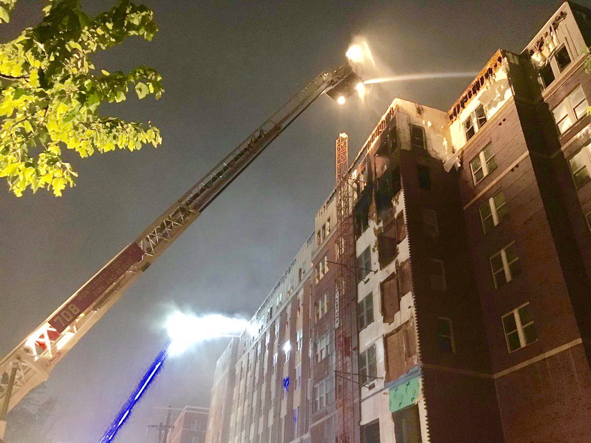 Fire crews remained on the scene Tuesday morning after the 5-alarm College Park fire Monday, April 24, 2017. (Courtesy Pete Piringer)