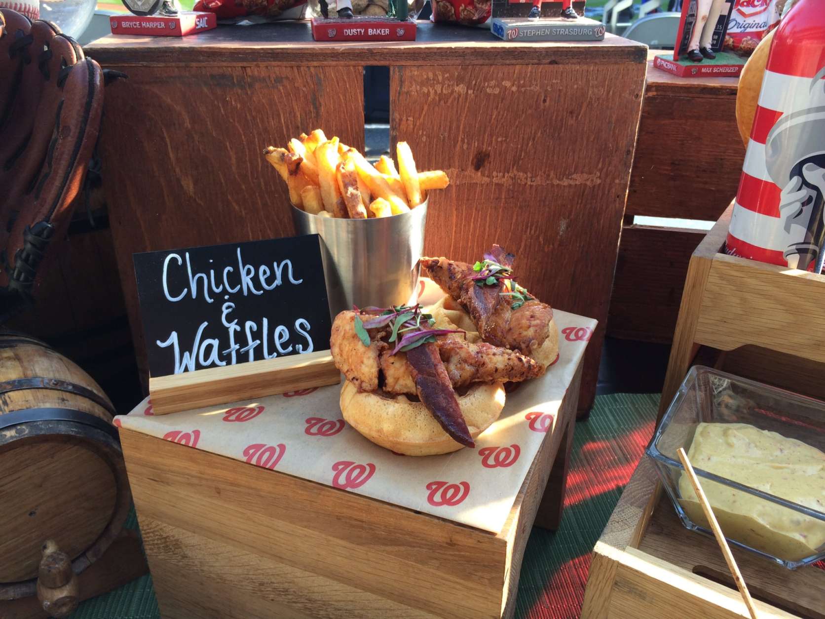 The new concession offerings at Nationals Park includes chicken and waffles. (WTOP/Nick Iannelli)