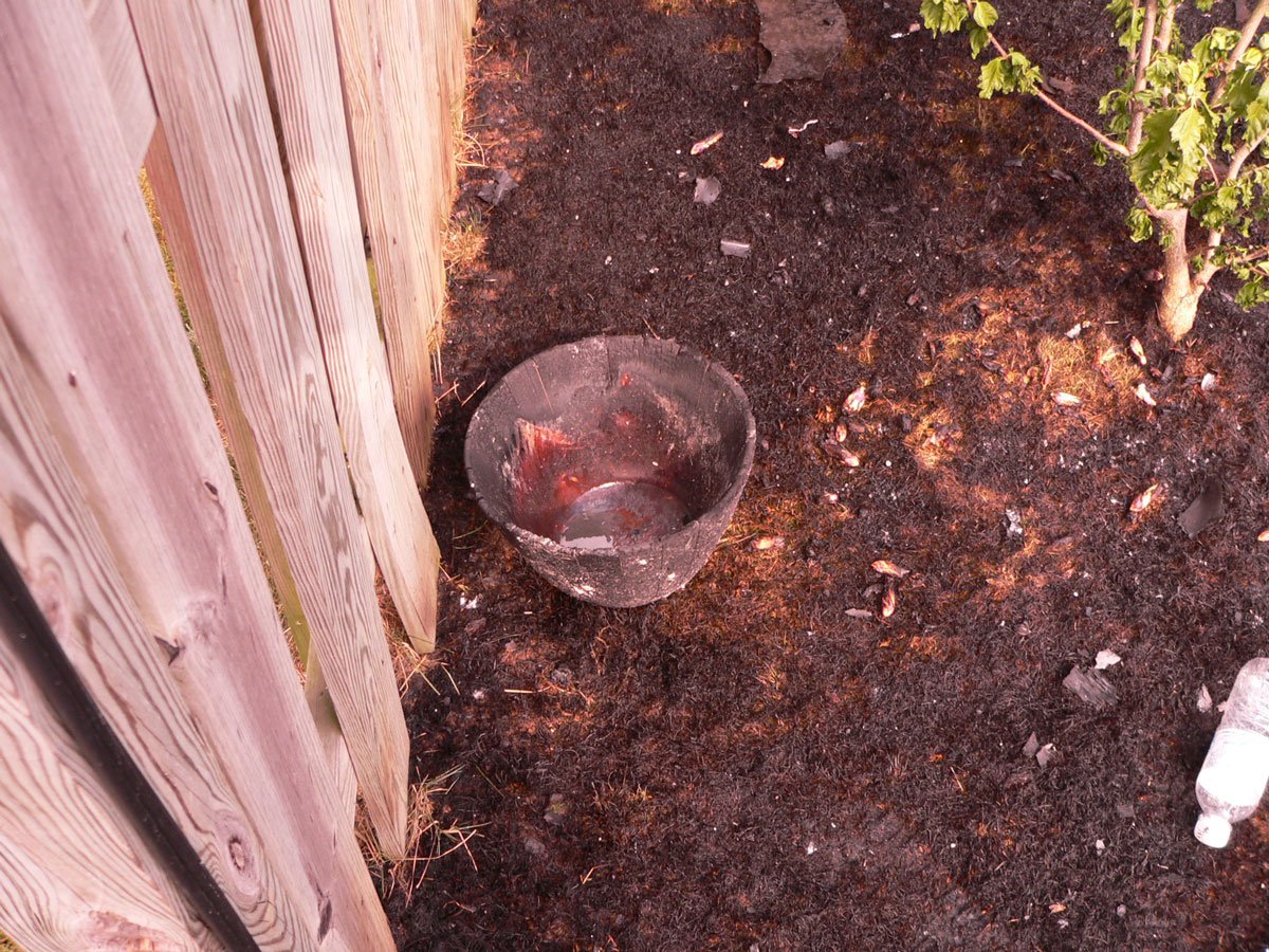 Fire started in this flower pot. Discarded cigarettes easily ignite flammable potting soil. (Courtesy Loudoun County Fire and Rescue)