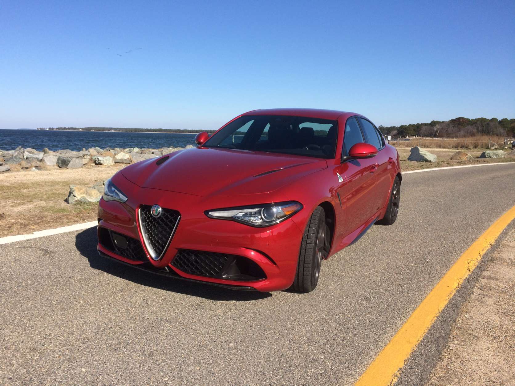 The $72,000 Alfa Romeo Giulia Quadrifoglio is the top-of-the-line high performance variant of the Giulia line with a very powerful 2.9L biturbo V-6 with 505 horsepower that really moves this sedan. (WTOP/Mike Parris)
