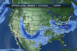 The pattern depicted in the jet stream (“upper level”) winds shows the two different waves of energy or storm systems. Tuesday’s is less pronounced for us, kind of an “open” wave, fast and progressive, but it is the same system that caused the severe weather in the South on Sunday and will on Monday.  (Data: Environmental Modeling Center, NOAA. Graphics: Storm Team4)