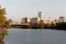 A view of the skyline of Little Rock, Arkansas at sunset.