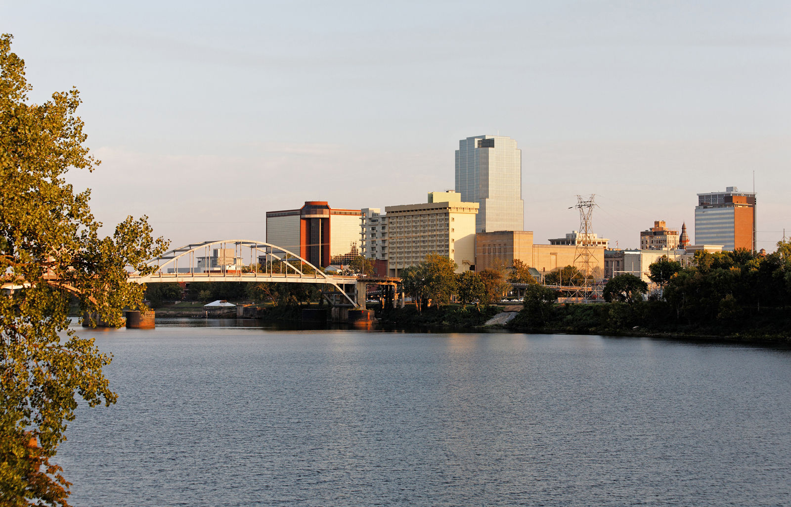 A view of the skyline of Little Rock, Arkansas at sunset.