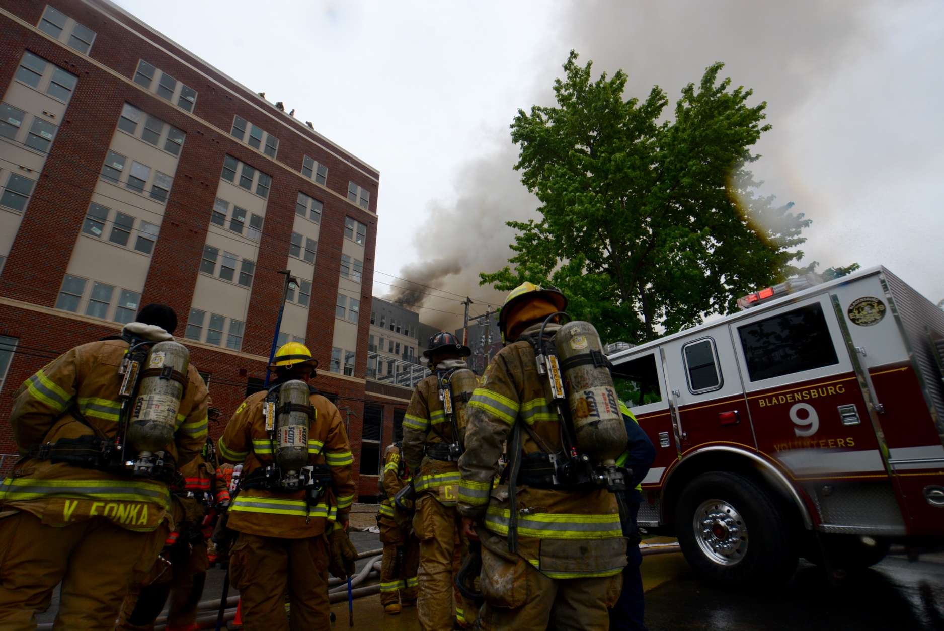 Firefighters battle a five-alarm fire in College Park April 25. (WTOP/Dave Dildine)