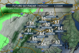 The RPM computer model simulation of clouds and radar shows the likely progression of the front, its showers and the effect on wind direction and temperatures going through the day on Monday. Notice the mild start, the cool down, the clearing and the temperature rebound in the afternoon sunshine.
 (Data: The Weather Company | Graphics: Storm Team 4)