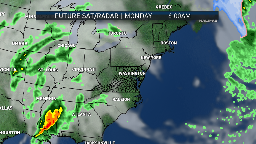 As the RPM computer model shows, clouds will increase on Monday but the showers will hold off until late in the day, closer to evening. Lingering showers Tuesday morning will end. Then early on Wednesday, the time extent of this particular model, the beginnings of the next storm near the Gulf are seen. (Data: The Weather Company. Graphics: Storm Team4)