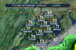 The RPM computer model simulation of clouds and radar shows the likely progression of the front, its showers and the effect on wind direction and temperatures going through the day on Monday. Notice the mild start, the cool down, the clearing and the temperature rebound in the afternoon sunshine.
 (Data: The Weather Company | Graphics: Storm Team 4)