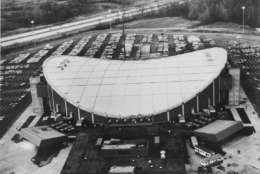 This photo shows the Capital Centre from above, including the parking lot and fields surrounding the venue. (Courtesy Martin Luther King Jr. Memorial Library Washingtoniana Collection)