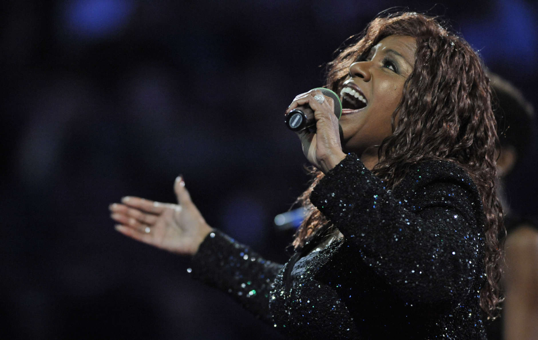 Gloria Gaynor performs before an exhibition tennis match between Ivan Lendl and John McEnroe at Madison Square Garden in New York, Monday, Feb. 28, 2011.  (AP Photo/Henny Ray Abrams)