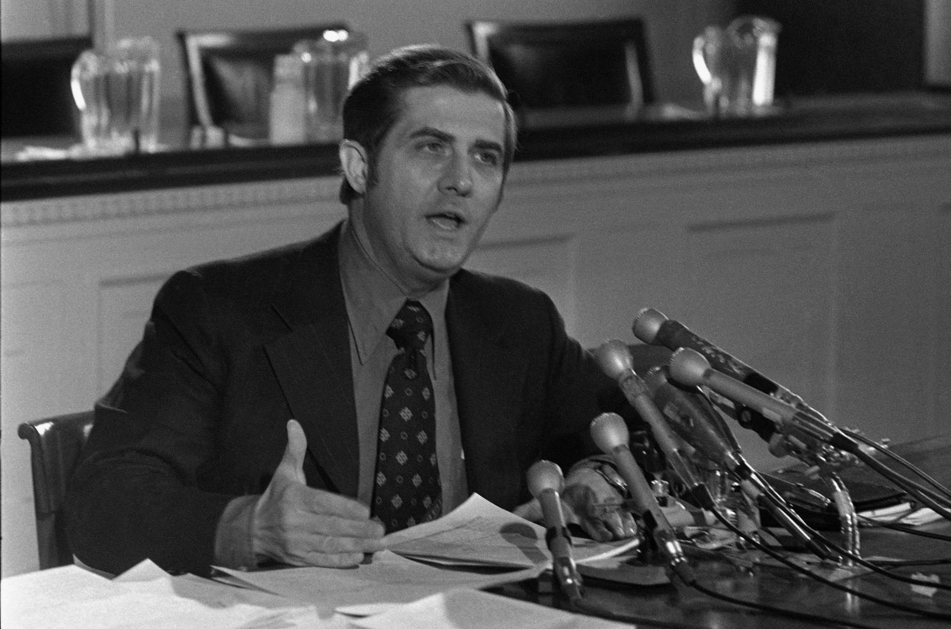 Rep. Lawrence J. Hogan calls for a constitutional amendment to protect abortions in most cases, January 30, 1973. Hogan said enactment of a constitutional amendment would be the only effective way to counteract the Supreme Court's decision last week that states may not forbid women to have abortions during the first six months of pregnancy. (AP Photo)