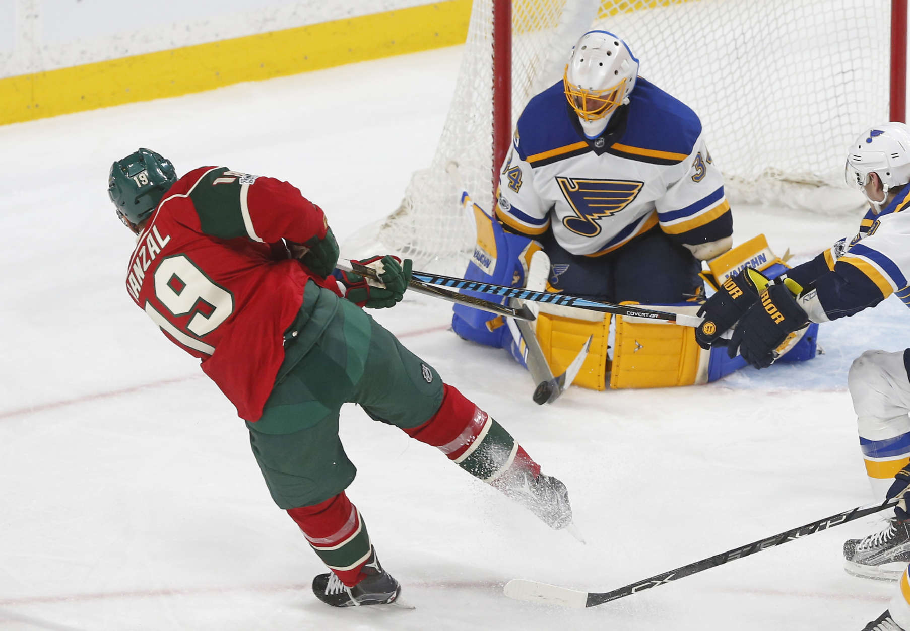 St. Louis Blues goalie Jake Allen stops a shot by Minnesota Wild's Martin Hanzal during the third period of an NHL hockey game Tuesday, March 7, 2017, in St. Paul, Minn. The Blues won 2-1. (AP Photo/Jim Mone)