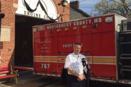 Montgomery County Fire Chief Scott Goldstein holds a press conference Saturday on the death of firefighter Charles "Rick" Gentilcore. Gentilcore died Friday while on duty at the Burtonsville Volunteer fire department. (WTOP/John Domen)