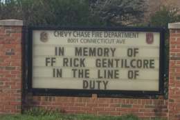 The Chevy Chase fire department paid tribute to firefighter Charles "Rick" Gentilcore who died Friday while on duty at the Burtonsville Volunteer fire department.  (WTOP/John Domen)