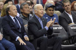 Former U.S. Vice President Joe Biden reacts as he watches during the first half in Game 5 of a first-round NBA basketball playoff series between the Washington Wizards and the Atlanta Hawks, Wednesday, April 26, 2017, in Washington. (AP Photo/Nick Wass)
