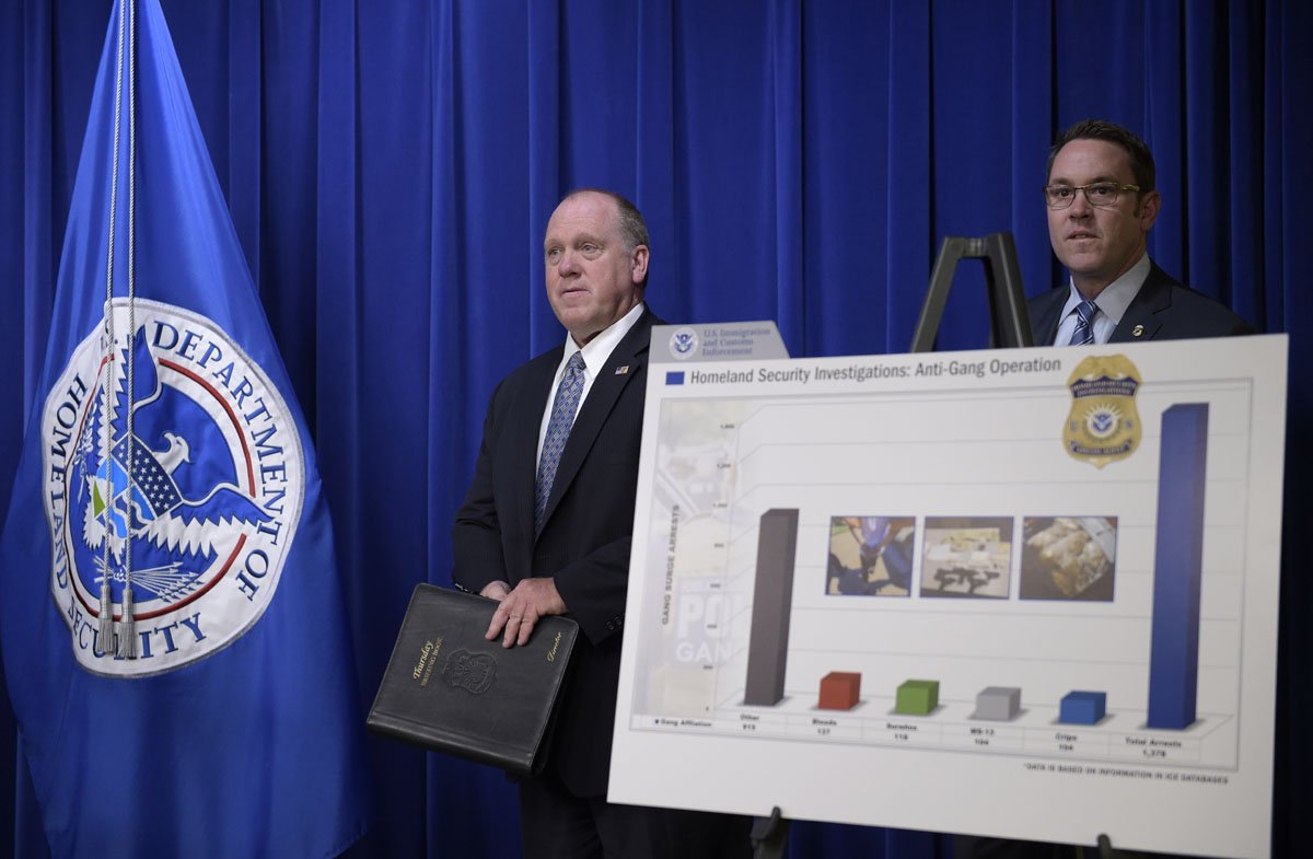 U.S. Immigration and Customs Enforcement acting Director Thomas Homan, left, and Homeland Security Investigations deputy executive associate director Derek Benner, right, arrive to speak at a news conference in Washington, Thursday, May 11, 2017, to announce the results of a national operation targeting gang members and associates. (AP Photo/Susan Walsh)