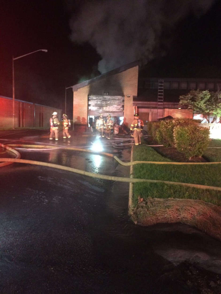Fairfax County firefighters battle the blaze at the Springfield, Virginia, fire station early Sunday morning. (Courtesy Fairfax County Fire and Rescue Department)