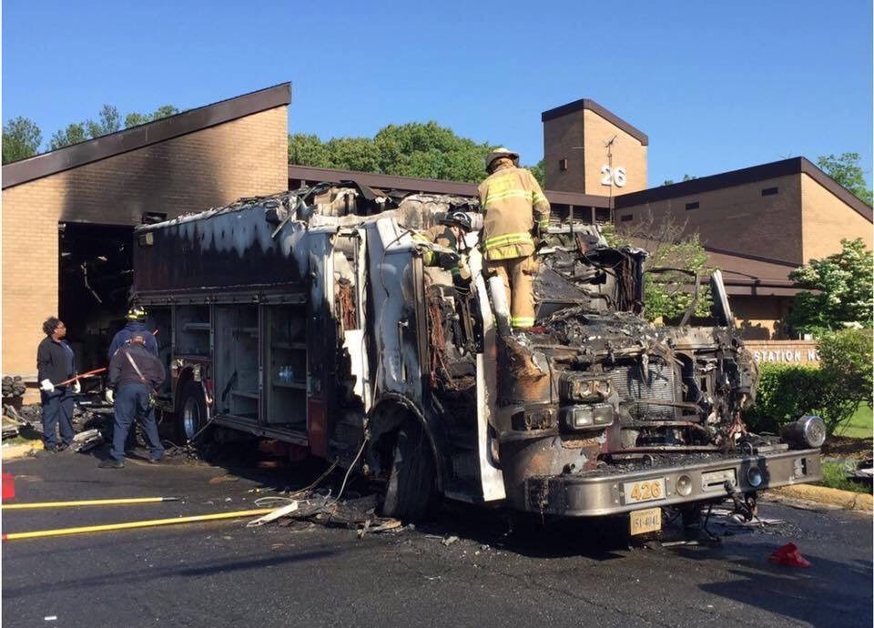 The two-alarm blaze destroyed the backup fire truck and caused a total of $200,000 in damage. (Courtesy Fairfax Co. Professional FF/Paramedics)