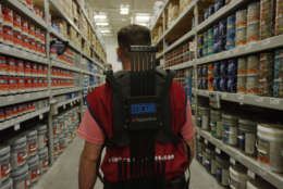 The "exosuit" developed by Lowe's and Virginia Tech is designed to help employees lift and move products without musicle fatigue. (Courtesy Lowes Companies, Inc.)