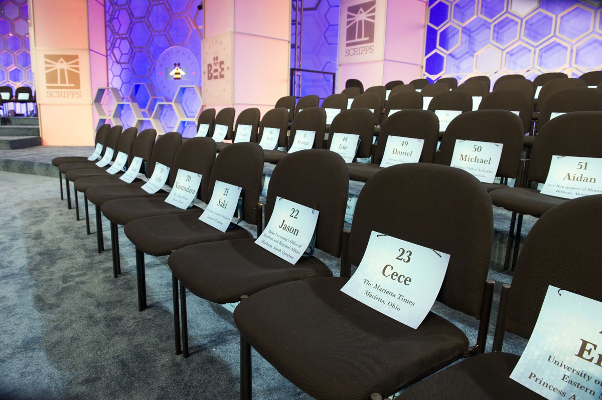 Spellers seats await the start of preliminary rounds of the 90th Scripps National Spelling Bee in Oxon Hill, Md., Wednesday, May 31, 2017.  (AP Photo/Cliff Owen)