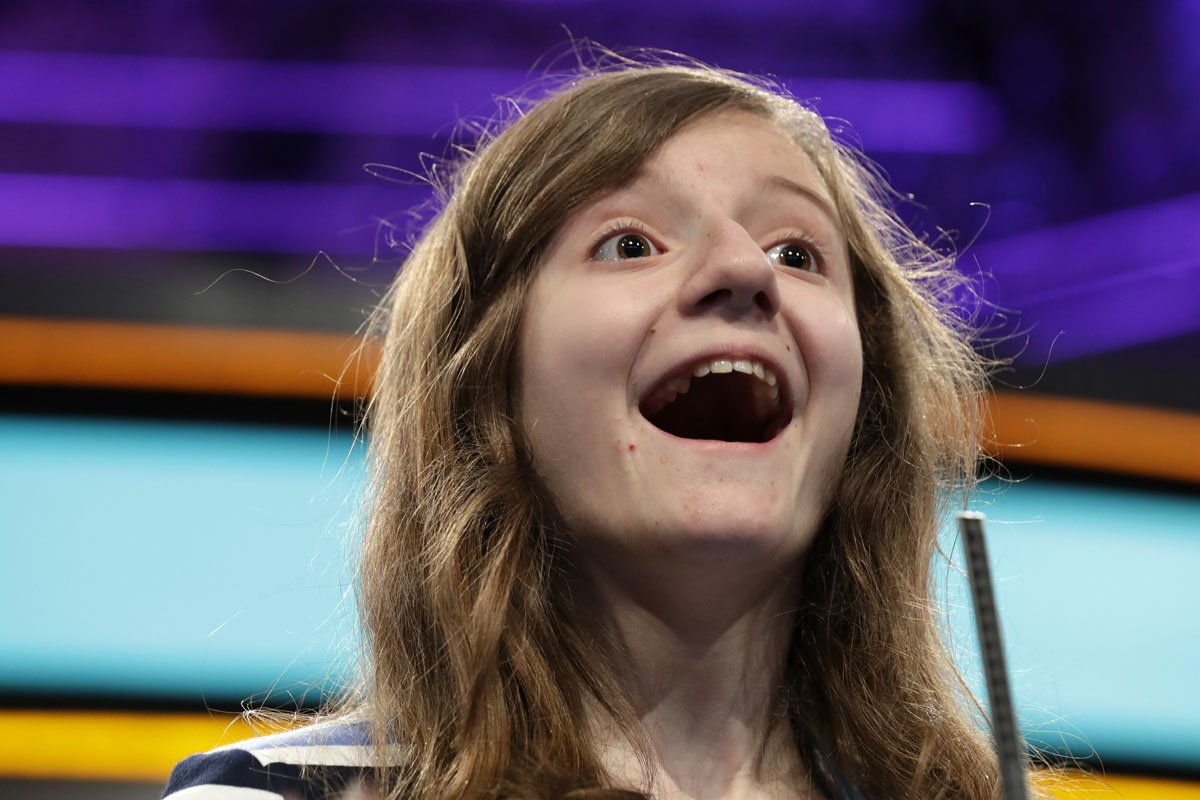 Maggie Sheridan, 13, of Mansfield, Ohio, reacts in disbelief on hearing that she spelled her word correctly with one second to spare during the 90th Scripps National Spelling Bee in Oxon Hill, Md., Thursday, June 1, 2017. (AP Photo/Jacquelyn Martin)