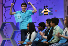 Will Lourcey, 14, of Fort Worth, Texas, celebrates after spelling his first word correctly in the 90th Scripps National Spelling Bee in Oxon Hill, Md., Wednesday, May 31, 2017.  (AP Photo/Jacquelyn Martin)