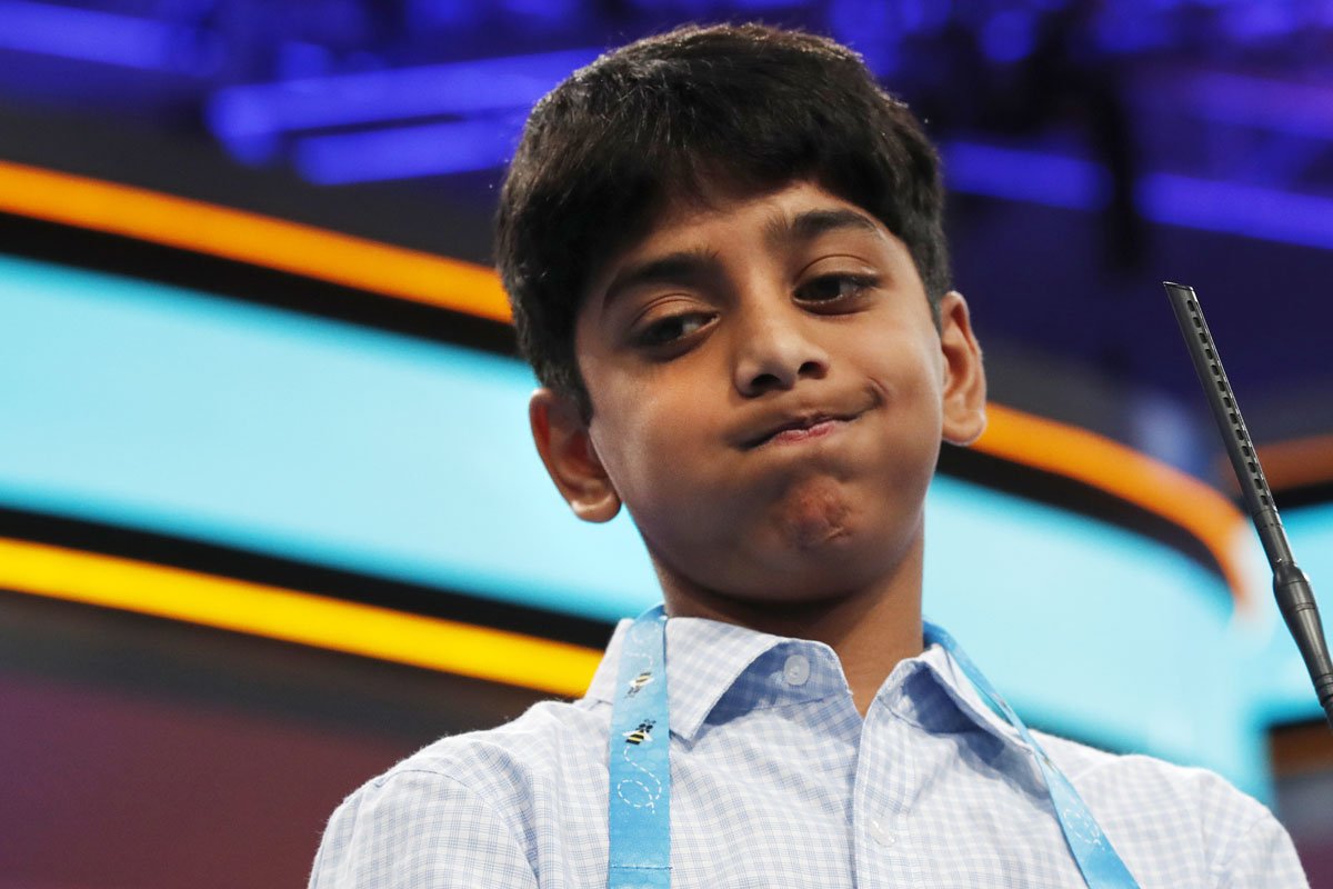 Ishaan Akula of Morganville, N.J., reacts after spelling his word incorrectly during the 90th Scripps National Spelling Bee in Oxon Hill, Md., Wednesday, May 31, 2017.  (AP Photo/Jacquelyn Martin)