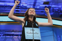 Gabrielle Brown, 14, of Salisbury, N.C., reacts after spelling her word correctly in the third round of the 90th Scripps National Spelling Bee, Wednesday, May 31, 2017, in Oxon Hill, Md. (AP Photo/Alex Brandon)