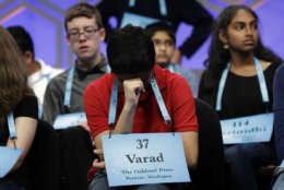 Varad Mulay, 13, of Novi, Mich., listens to competition with other finalists in the 90th Scripps National Spelling Bee in Oxon Hill, Md., Thursday, June 1, 2017. (AP Photo/Jacquelyn Martin)