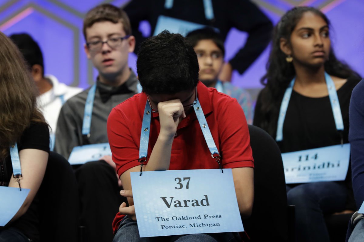 Varad Mulay, 13, of Novi, Mich., listens to competition with other finalists in the 90th Scripps National Spelling Bee in Oxon Hill, Md., Thursday, June 1, 2017. (AP Photo/Jacquelyn Martin)