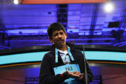 Nikhil Lahiri, 14, of Painted Post, N.Y., grimaces as he is told that he spelled a word incorrectly during the 90th Scripps National Spelling Bee in Oxon Hill, Md., Thursday, June 1, 2017. (AP Photo/Jacquelyn Martin)