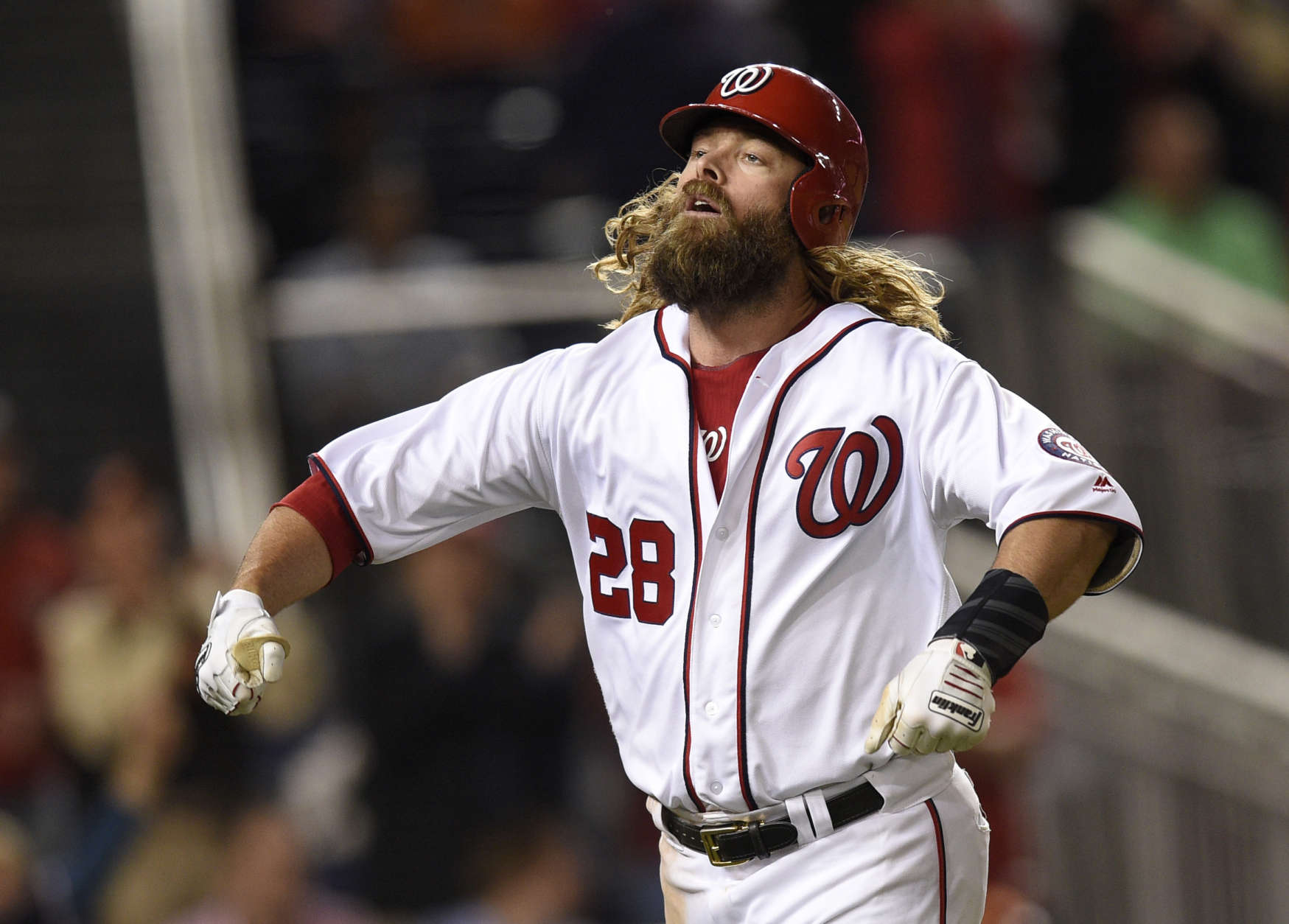 Washington Nationals' Jayson Werth celebrates his home run during the ninth inning of the team's baseball game against the Baltimore Orioles, Wednesday, May 10, 2017, in Washington. The Nationals won 7-6. (AP Photo/Nick Wass)