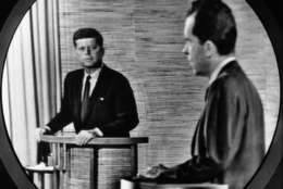 Vice President Richard Nixon, right, talks and Sen. John F. Kennedy listens in this view taken from television screen in New York, Oct. 7, 1960. The debate between the presidential candidates was broadcast nationally on TV and radio from Washington studio. (AP Photo)