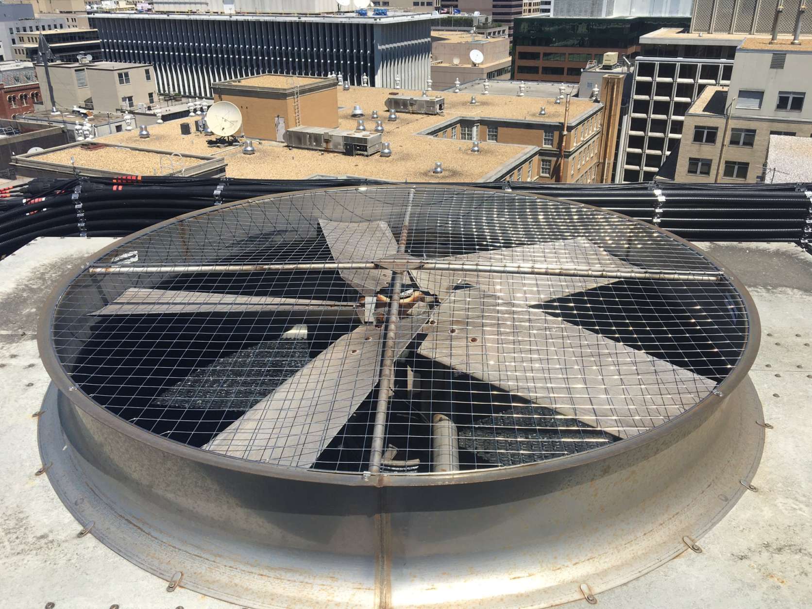 A fan at the top of Metro's chiller tower on Connecticut Avenue Northwest. (WTOP/Max Smith)