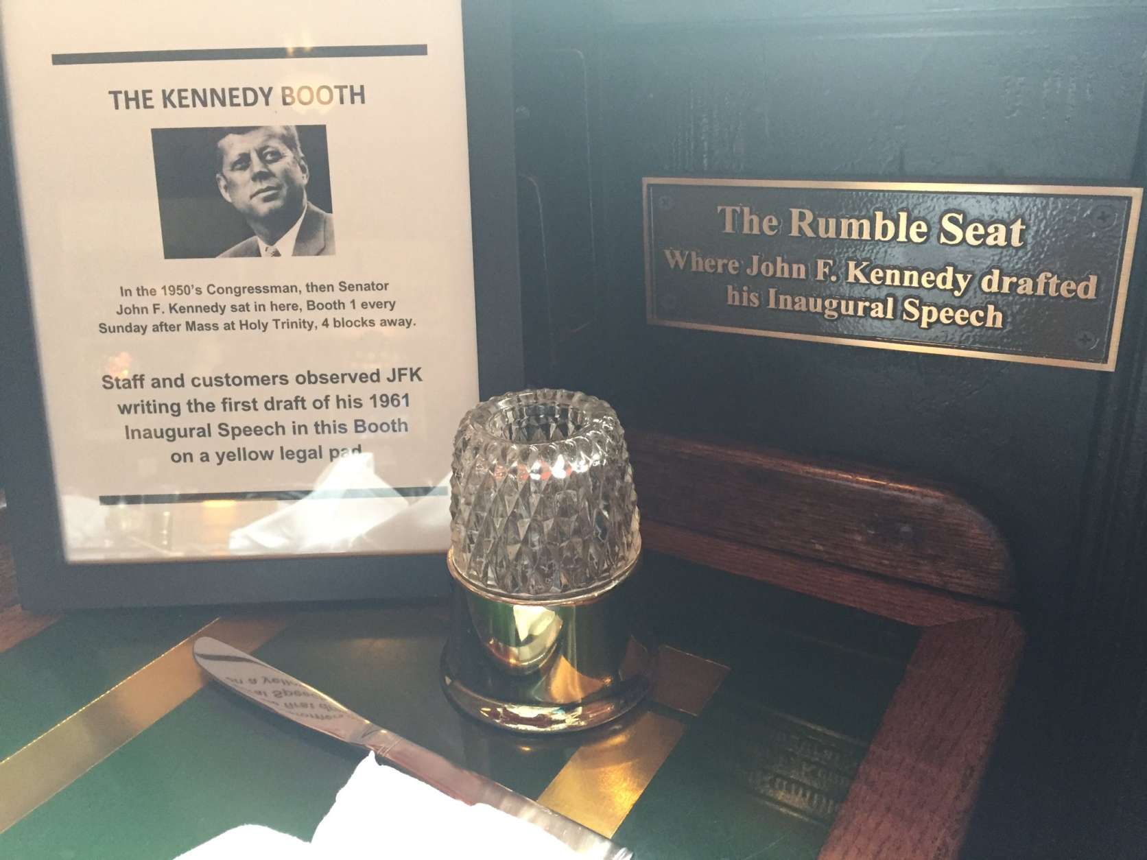 Another booth, known as "The Rumble Seat," is where a young Kennedy often sat reading newspapers, according to the restaurant. (WTOP/Michelle Basch)