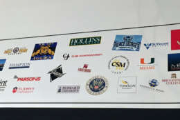 Logos from the 40+ schools and military branches that Oxon Hill grads will be attending. (WTOP/Rich Johnson)