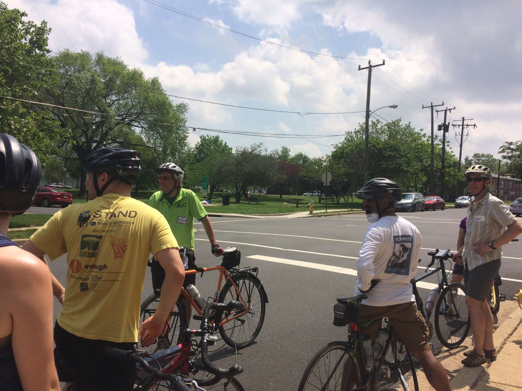 WABA instructor Jason Horowitz leads a group of City Cycling participants on the streets of Arlington, Virginia, on Sunday, April 30, 2017. The City Cycling classes are divided in two sections - fundamental and confidence - and both tracks go for rides after instruction. (WTOP/Abigail Constantino)