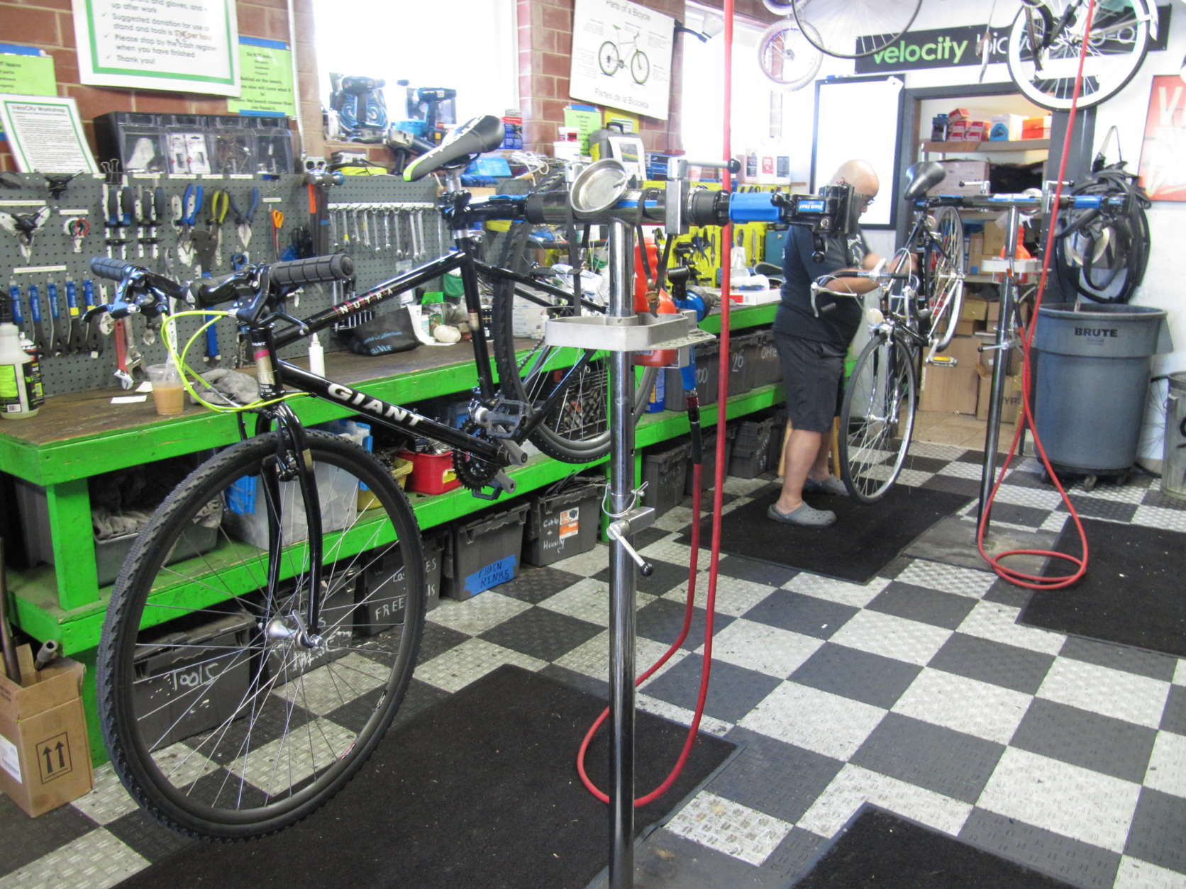 People who need their bicycles fixed can use the space, tools and expertise of mechanics at VeloCity Bicycle Cooperative in Alexandria, Virginia. (WTOP/Abigail Constantino)