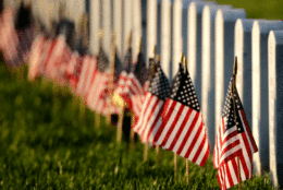 Flags mark graves at Leavenworth National Cemetery on the eve of Memorial Day, Sunday, May 28, 2017, in Leavenworth, Kan. (AP Photo/Charlie Riedel)